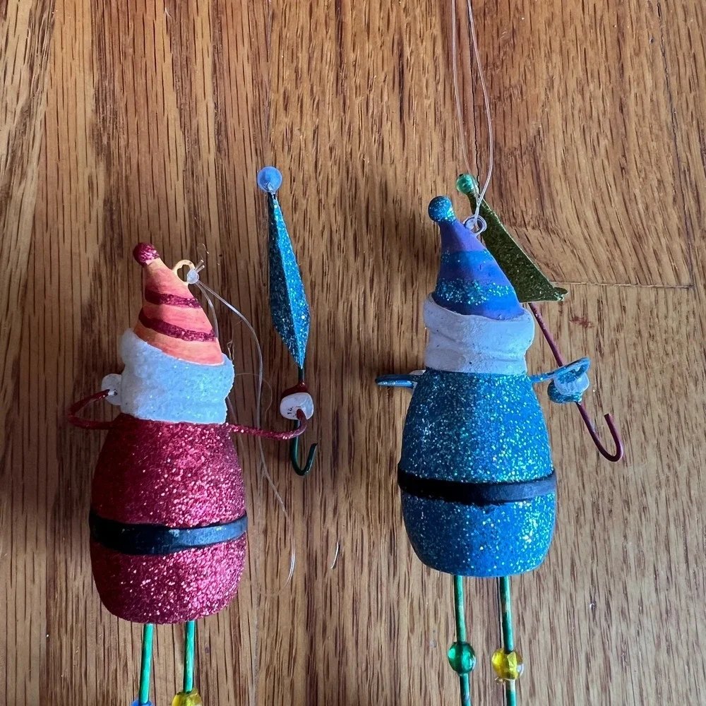 Lot of 2 Dept 56 Glitter Santa‎ Ornaments Retro Beaded Legs Christmas Holiday